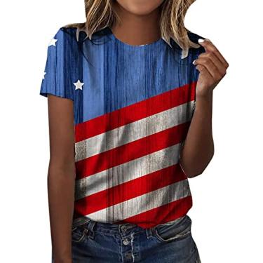 Imagem de Camisetas femininas 4th of July Summer American Flag Stars Stripes Tops Red White Blue Patriotic Tees Blusa de manga curta, Azul claro, G