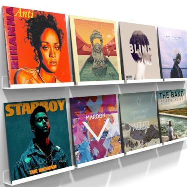 Imagem de ILYXY Suporte de parede para discos de vinil acrílico – Pacote com 8 prateleiras flutuantes de vinil de 30,5 cm, molduras brancas para exibição de álbuns de LP e decoração de parede