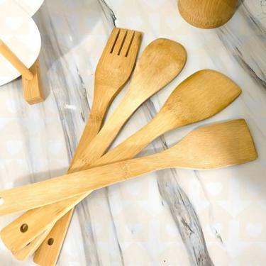 Imagem de 5 Peças Colheres Madeira Bambu Com Suporte Culinaria Chique - belaHous