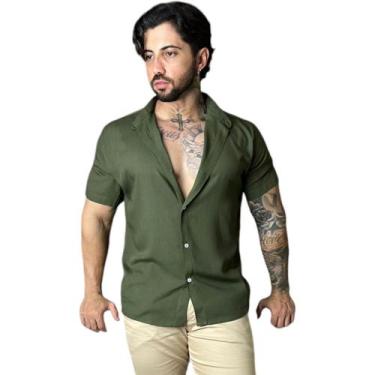 Imagem de Camisa Social Botão Masculina Moda Praia Gola Padre Manga Curta - Volg