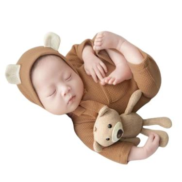 Imagem de Adereços de sessão de fotos para bebês recém-nascidos, meninas, meninos, crochê, fantasia, listras, chapéu, calça, macacão, adereços de fotografia, Camelo, 0-3 Meses