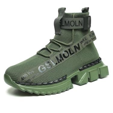 Imagem de Jakcuz Tênis masculino de cano alto respirável academia atlética corrida caminhada tênis menino confortável moda plataforma sapatos, Exército/Verde 3, 10 Women/8.5 Men