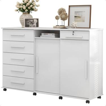 Imagem de Cômoda 6 Gavetas 2 Portas Correr Rodizios Max - Lukaliam, Branco