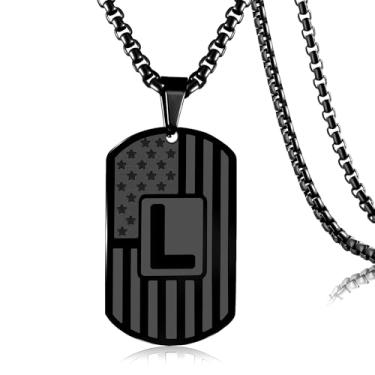 Imagem de HSWYFCJY Colar masculino com inicial com etiqueta de identificação de cão, letra A-Z, bandeira americana, pingente militar, corrente de 3 mm, 61 cm, joia de presente para meninos, Aço inoxidável, Sem