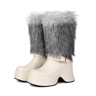 Imagem de Rock88 Botas femininas de salto alto, cano médio com fivelas de cinto, bico redondo, botas peludas de neve para o inverno, branca, 36