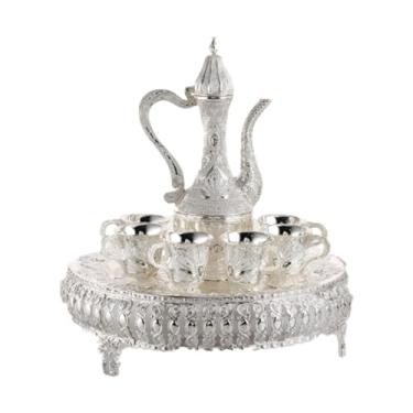 Imagem de YWJLQH Bule de chá bandeja de metal copos de metal conjunto de jarro de vidro de vinho decorativo turco conjunto de bule de chá de café turco para sala de,
