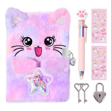 Imagem de PrinBarBee Cat Diary for Girls with Lock and Key,Tie-Dye Fuzzy Journal for Kids,Hardcover Fluffy Locking Notebook for Writing and Drawing,4-12 Year Old Girl Birthday (A Star-Cat,Purple)