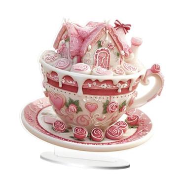 Imagem de IEUDNS Placa decorativa de acrílico, arte para presente de dia dos namorados, caneca de café rosa, enfeite de mesa para prateleira, sala de estar, decoração, Style B