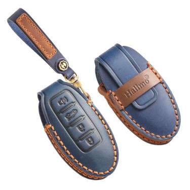 Imagem de HIBEYO Capa de chaveiro personalizável compatível com Nissan Altima Sentra Rogue Pathfinder Murano Armada Maxima Versa acessórios chaveiros personalizados de couro genuíno - 4 botões B tipo azul