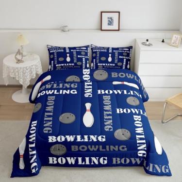 Imagem de Feelyou Jogo de cama casal com estampa de boliche, para crianças, adolescentes e meninas, conjunto de edredom azul, para todas as estações, 2 fronhas