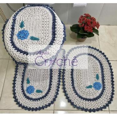 Imagem de Jogo de Banheiro Crochê com Aplicação - Myrna Crochê, Azul Bebê com Az