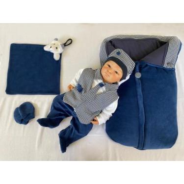 Imagem de Saída Maternidade Menino Inverno Plush Azul E Branco com Gravata Colet