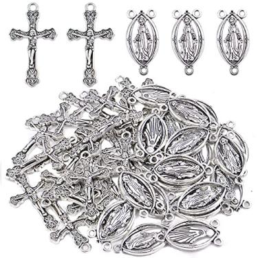 Imagem de Hmjpng 40 berloques de cruz de terço de prata antiga tibetana e medalha milagrosa central com crucifixo de Maria Jesus e elos ovais de lustre para fabricação de joias de rosário católico