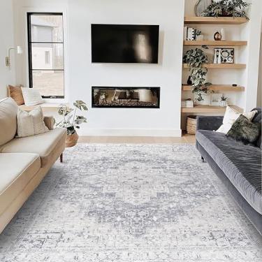 Imagem de BILEEHOME Tapete de área cinza creme e ardósia 15 x 23 para quarto, sala de estar, chão, lavável, tapete geométrico, para combinar com sofá cinza para sala de jantar, 15 x 23 cm