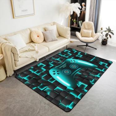 Imagem de Erosebridal Tapetes de área de jogos para meninos, tapete de jogador, gamepad, tapete de videogame para meninos e homens, luzes neon, quadriculado, xadrez, treliça, reversível, verde menta, tapete