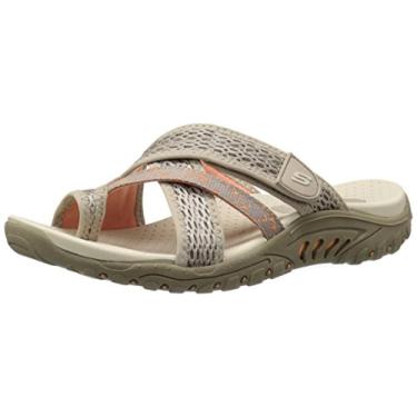 Imagem de Skechers Reggae Chinelo feminino slim slide, Acabamento de malha marrom/coral, 11