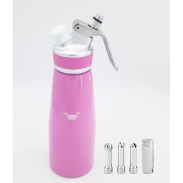 Imagem de TFORESTER Dispensador de chantilly – Corpo de aço inoxidável, cores vibrantes com 3 bocais para sobremesas, café e mais (rosa, 500 ml)