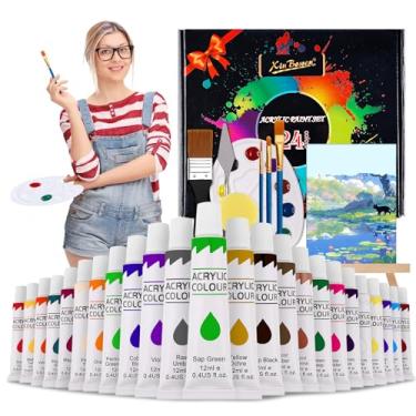 Imagem de Kit de pintura artística Xin Bowen para crianças, 33 peças, conjunto de lona e tinta, kit de materiais de pintura com 24 tintas, 1 painel de tela, 3 pincéis, cavalete de mesa, etc., kit de pintura