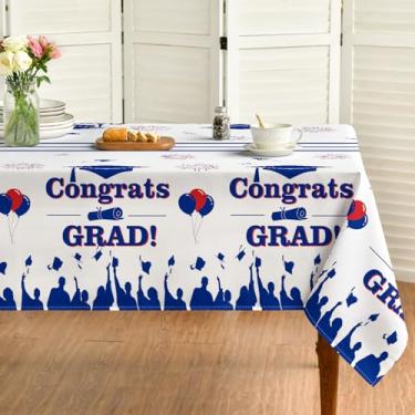 Imagem de Horaldaily Toalha de mesa retangular de formatura 152 × 300 cm, toalha de mesa sazonal lavável branca azul para decoração de festa de formatura e suprimentos de festa