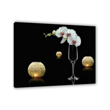 Imagem de ZUJGHSJG Arte de parede preto e branco velas imagens de orquídeas pintura de flores brancas massagem relaxante spa arte de parede para quarto 85 x 70 cm (33 x 27 pol) moldura interna