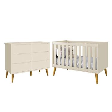 Imagem de Jogo de Quarto Infantil Theo Cômoda 6 Gavetas e Berço com Pés Amadeirado - Reller Móveis Areia Fosco