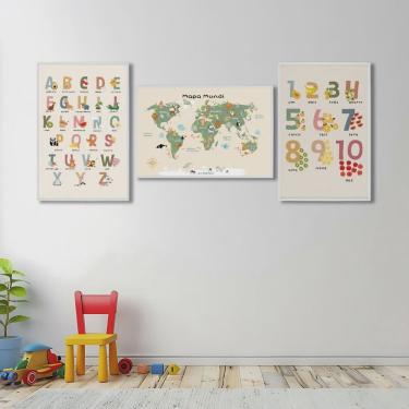 Imagem de Quadro Decorativo Infantil Conjunto Didático Alfabeto e Mapa Mundi com 3 Telas de Parede para