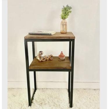 Imagem de Mesa De Canto Cabeceira Criado em Madeira Industrial Metal Preto