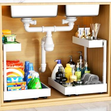 Imagem de Maywise Organizador expansível embaixo da pia, pacote com 2 camadas, adesivo organizador embaixo do armário, prateleira de armazenamento removível para cozinha, banheiro, lavanderia, altura ajustável