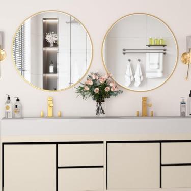 Imagem de CONGUILIAO Espelho circular dourado 71 cm, espelho redondo montado na parede, grande espelho de banheiro, espelho de pia montado na parede para sala de estar, banheiro, entrada, decoração, 2 peças