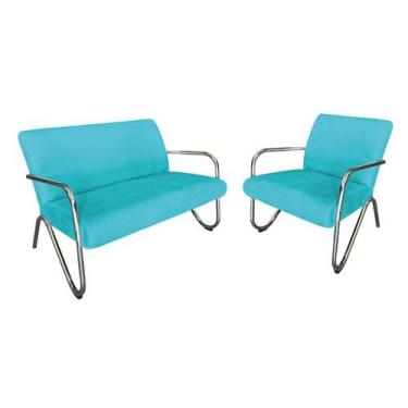 Imagem de Kit Namoradeira + Poltrona Decorativa Bela Suede Azul Turquesa Braço C