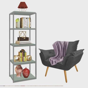 Imagem de Kit Poltrona Fatte com Manta Soft Lilás e Estante Livreiro Ferro Cinza mdf Verde Oliva Suede Cinza - Ahz Móveis