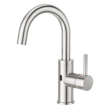 Imagem de CREA Torneira de pia de bar sem toque, facetas de banheiro escovadas 1 3 furos, torneiras de cozinha de alça única com placa de convés, torneira de cozinha pequena de aço inoxidável giratória 360°