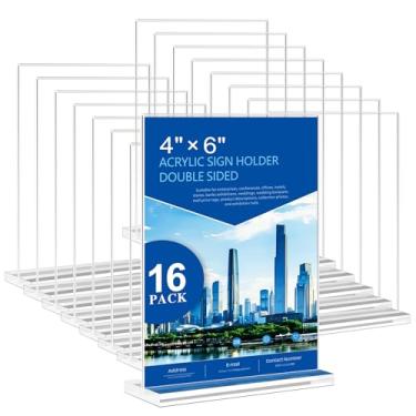 Imagem de PUWTN Suporte De Acrílico Para Placas 4X6 - Pacote Com 16 Suportes Exposição Transparentes, Verticais Fotos Mesas, Panfletos Em Formato T Dupla Face, Porta-Retratos Plástico Molduras Fotos, Lojas, R