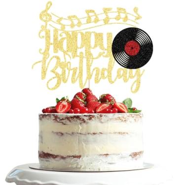 Imagem de Dxsdgetue Ouro Glitter Record Feliz Aniversário Topo de Bolo Disco de Vinil Retro Rock and Roll Música Decoração de Bolo CD Hip Hop Bola Dança Tema Música Artigos de Festa de Aniversário