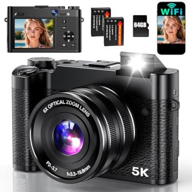 Imagem de Câmera digital 5K para fotografia com zoom óptico de 6X, câmera vlogging de foco automático de 64 MP para YouTube com lente dupla