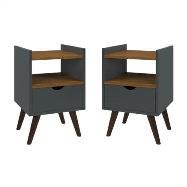 Imagem de Kit 2 Mesas De Cabeceira Alice Modelo Retrô Com 1 Gaveta e Nicho (Cinza/Freijo)