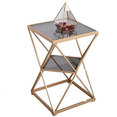 Imagem de Mesa de vidro quadrada dupla com 2 camadas, mesa de café, sala de estar, varanda, sofá, canto, mesa, prateleira, caixa de armazenamento (cor: vidro transparente dourado) (vidro colorido dourado)