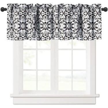 Imagem de Saia de janela vintage, estampa rítmica de elementos nostálgicos de flores, ilustração de estilo damasco, saia de cortina para decoração de quarto de cozinha com bolso para varão preto e branco, 1