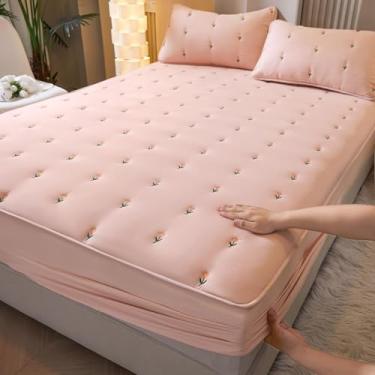 Imagem de Capa protetora de colchão acolchoada lençol de baixo ajustável de algodão bordada capa de colchão antiderrapante e anti-pó capa de colchão suave - rosa, King 71 x 79 polegadas