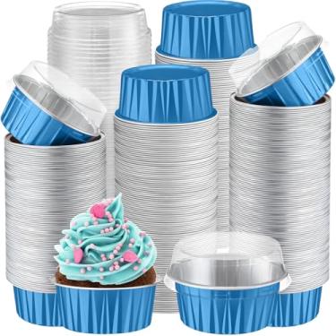 Imagem de Gejoy 400 peças de copos de alumínio para assar, com tampas, 142 g, ramequins descartáveis, mini formas de bolo, creme brulee, forros de cupcake, latas de muffin, molde de pudim, recipiente de