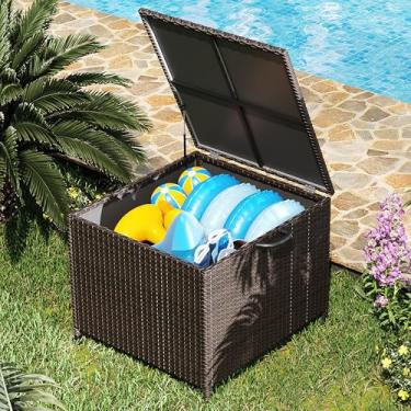 Imagem de Caixa de armazenamento grande à prova d'água de PE Rattan ao ar livre com alças e rodas, caixa de armazenamento para jardim, varanda, piscina, quintal (marrom, 274 litros)