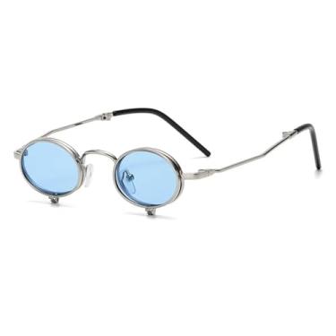 Imagem de JRLLFD Óculos de sol Steampunk Flip Up Masculino Armação de Metal Pequena Punk Redondo Feminino Óculos Retro Uv400 (C2Silver-Blue)