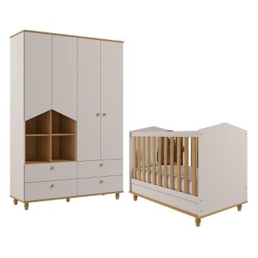 Imagem de Jogo De Quarto Infantil Guarda Roupa Casinha E Berço Americano Mimo Off White-nature - Permóbili Baby Off White-nature