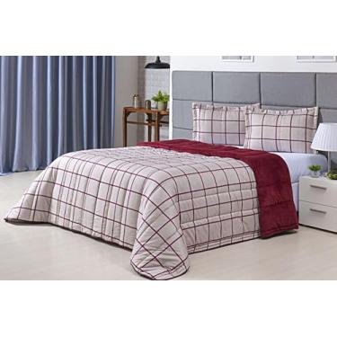 Imagem de Coberdrom Colcha Cobre Leito Edredom Com Enchimento Para Cama de Casal Queen 400 Fios Dupla Face Jogo de Cama kit com 3 Peças (Xadrez Vinho)