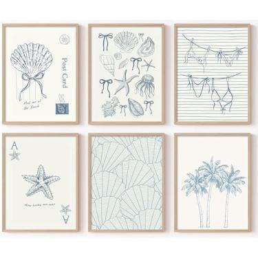 Imagem de 6 peças de arte de parede da neta da costa azul estrela do mar palmeira pintura em tela de biquíni costeiro concha cartazes estampados praia imagens estéticas decoração de parede para quarto feminino