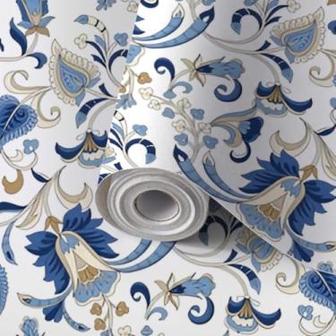 Imagem de AJWGDJAWYV Papel de parede autoadesivo autoadesivo sem costura padrão paisley tradicional papel de contato azul papel de parede amigável para locatário para cozinha berçário quarto 61 cm x 299 cm