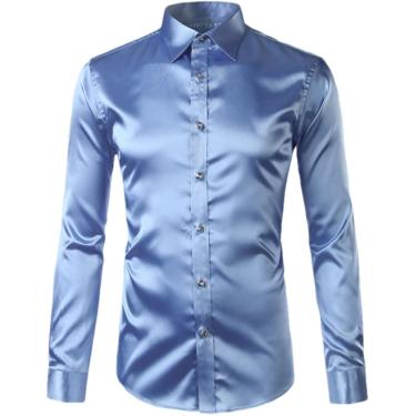 Imagem de Camisas Masculinas De Cetim Brilhante De Seda Como Camisas Sociais Casual Dance Party Camisa De Smoking De Manga Comprida, Light Blue, 3XL