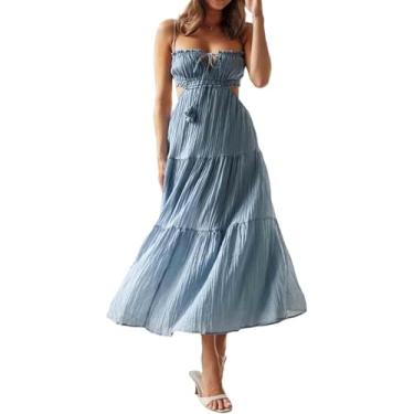 Imagem de Vestido Maxi Sem Encosto Mulheres Y2k Alças Finas Vestido Sem Encosto Vestidos Maxi Longos Bodycon Baixo, Blue, M