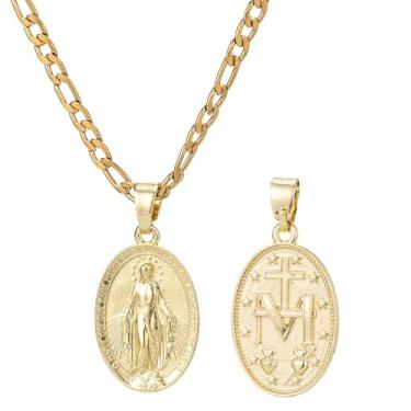 Imagem de SAELACY Colar de Virgem Maria Banhado a Ouro 14K Medalha Milagrosa Colar Pingente Fígaro Corrente Colares Joias Católicas, chain length: 22"+2", Cobre, Sem Pedra Preciosa