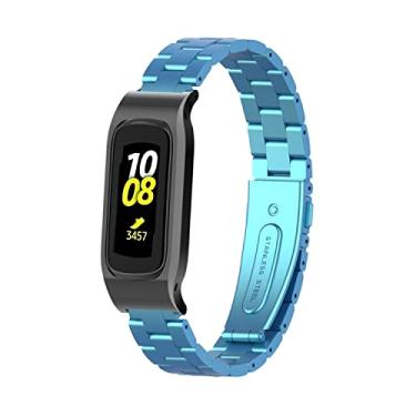 Imagem de Gheper Pulseira de relógio de metal compatível com Samsung Galaxy Fit2 SM-R220 de aço inoxidável, moldura protetora, design de pulseira de substituição para smartwatch 2 SM-R220 acessório (azul